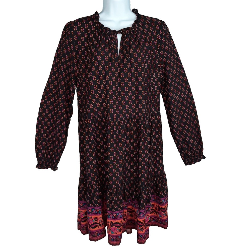 Beach Lunch Lounge Dark Floral Paisley Dress Womens Medium Ruffled Peasant Boho